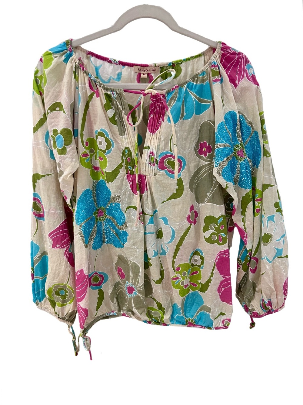 Charlie Joe Floral Blouse 100% Cotton Sequins Boho Peasant Loose Adjustable Med